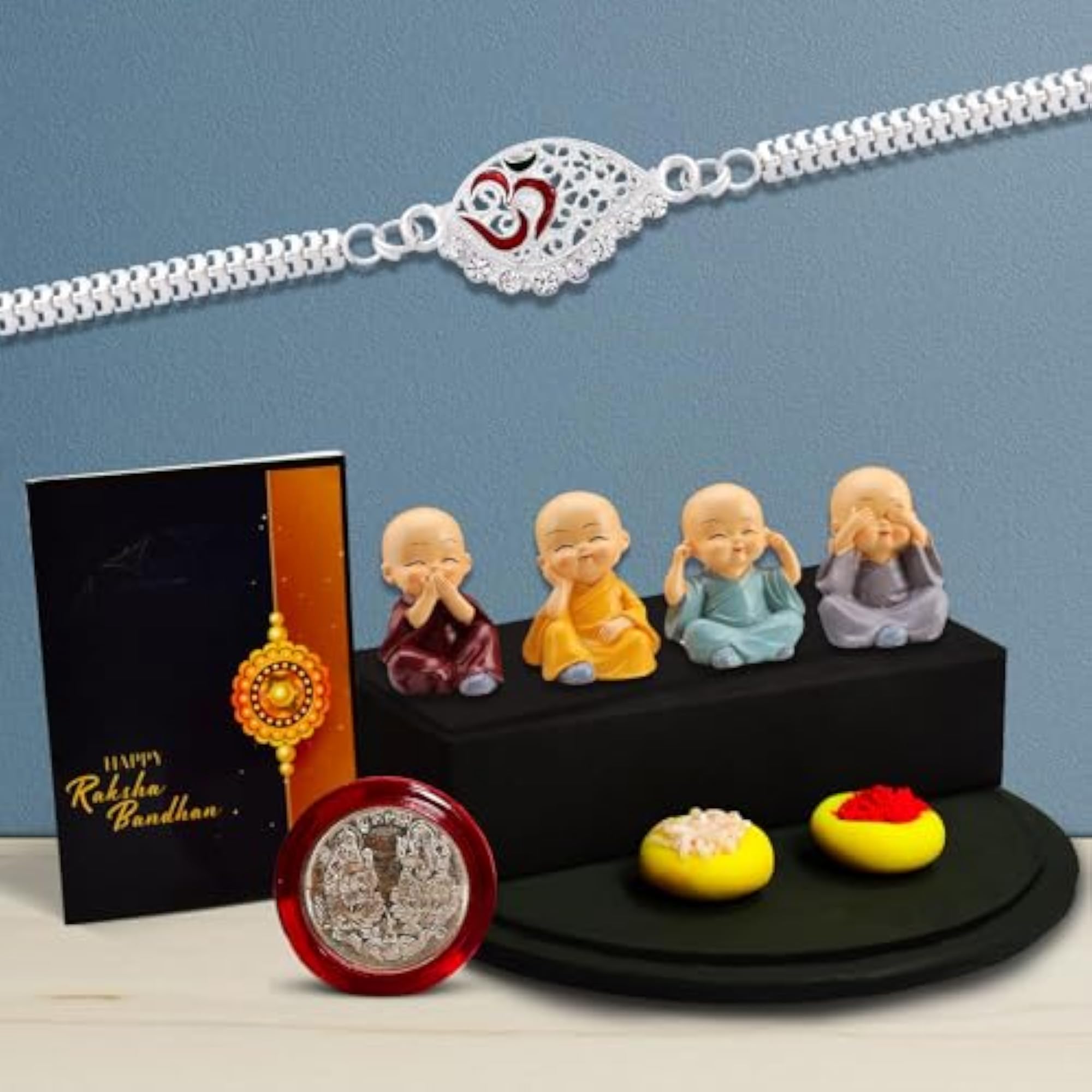 Multicolor Rakhi Combo with Baby Buddhas & Greeting Card